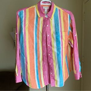 Preppy Pastel Striped 100% Linen Button Front Shirt Size Large